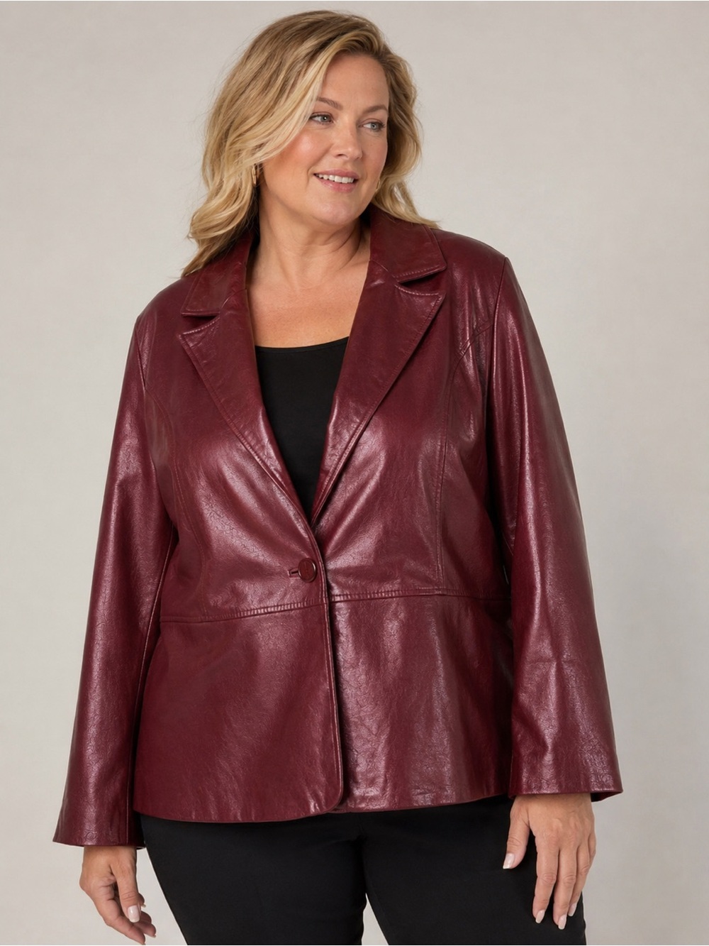 Lane Collection Metallic Burgundy Genuine Leather Blazer Jacket Size 18